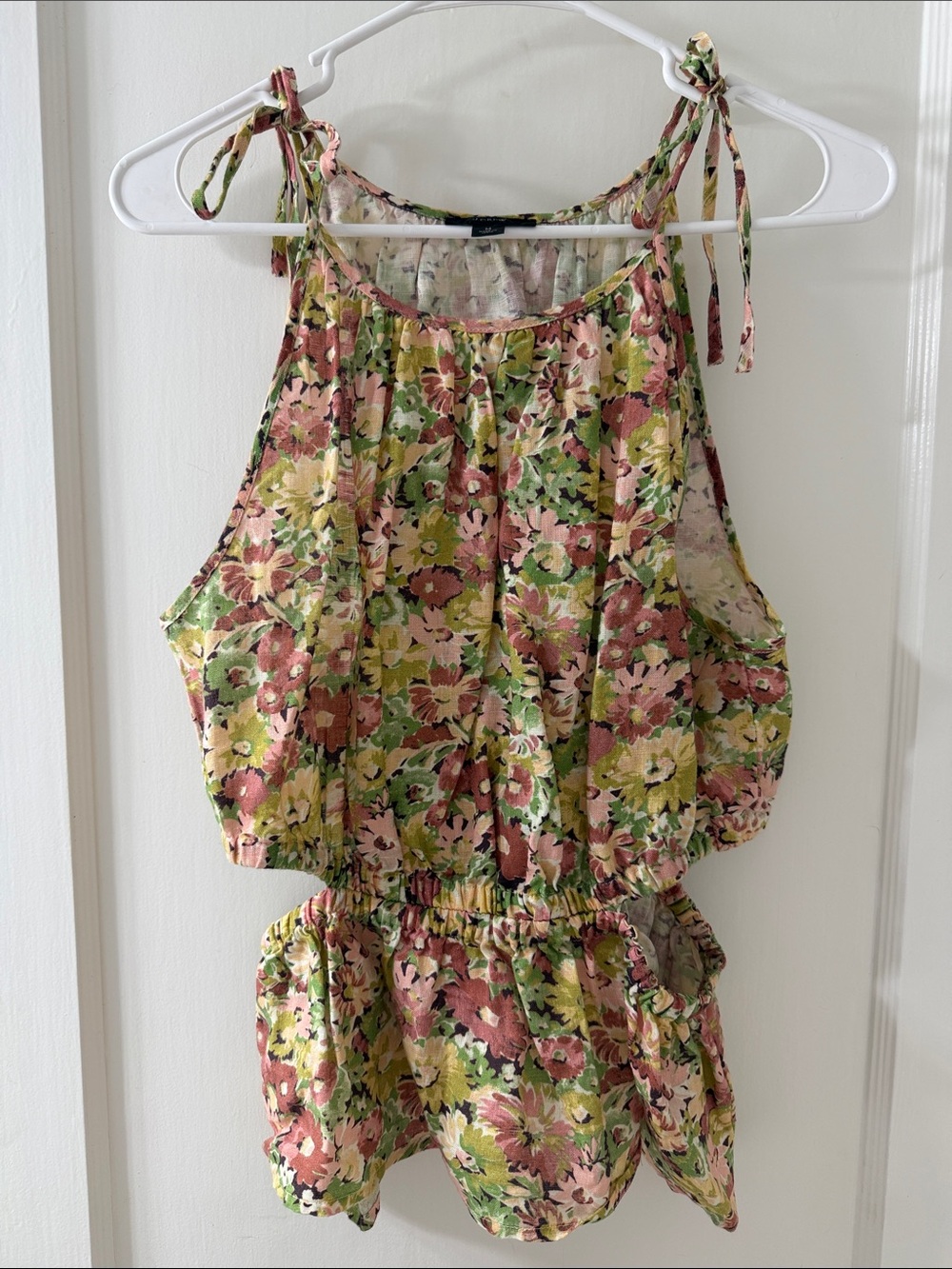 J. Crew Linen Floral Tie-Shoulder Romper in Pink, Green, Yellow